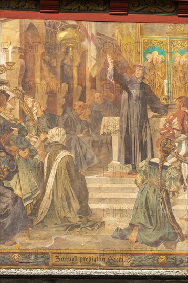 Stein am Rhein, historic old town, mural painting, Swiss theologian Zwingli preaches in Stein,
