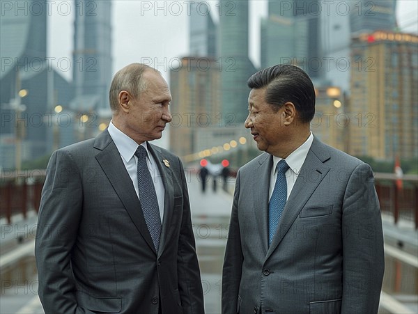 Russian President Vladimir Putin stands with General Secretary of China Xi Jinping, ai generated,