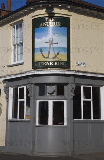 Sign and building detail of the Anchor pub in Quay Street, Woodbridge, Suffolk, England, United