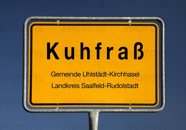 Town sign Kuhfrass, part of the municipality of Uhlstaedt-Kirchhasel, district of