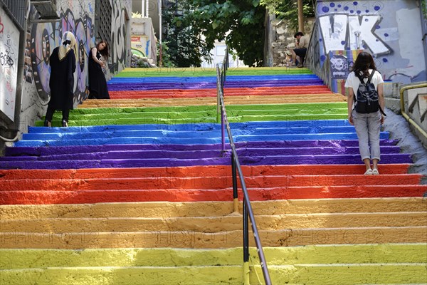 Tourists, painted staircase in rainbow colours, Istanbul, European part, Istanbul province, Turkey,