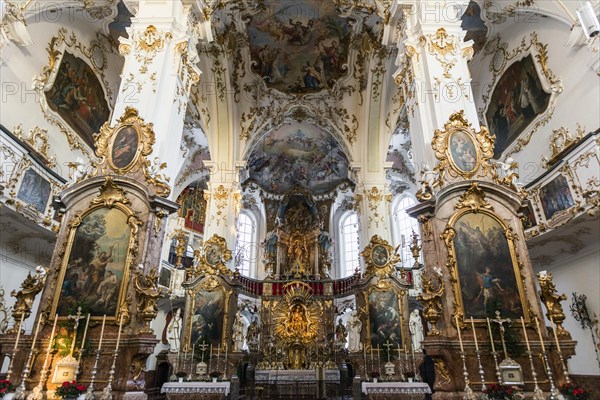 Pilgrimage church, interior view, Andechs Monastery, Fuenfseenland, Pfaffenwinkel, Upper Bavaria,