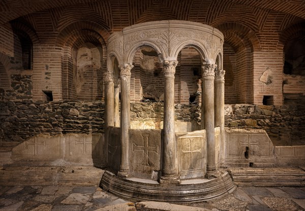 Interior view of the crypt, remains of the Roman baths, Hagios Demetrios church, also known as