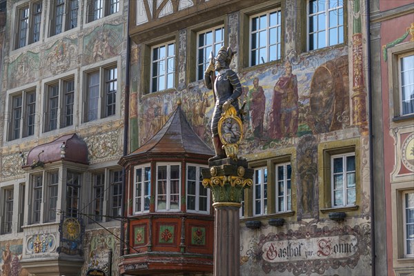 Stein am Rhein, historic old town, mural painting, antique scenes, Gasthof zur Sonne, bay window,