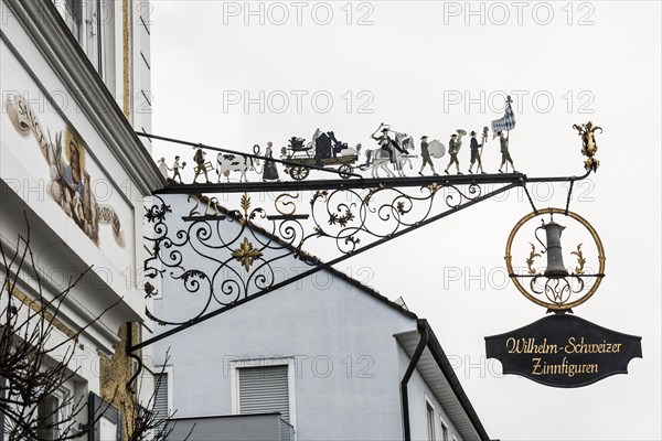 Sign with pewter figures, Diessen, Lake Ammer, Fuenfseenland, Pfaffenwinkel, Upper Bavaria,