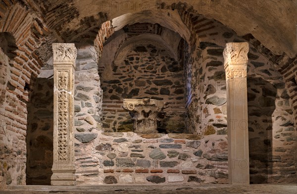 Interior view of the crypt, remains of the Roman baths, Hagios Demetrios church, also known as