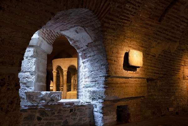 Interior view of the crypt, remains of the Roman baths, Hagios Demetrios church, also known as