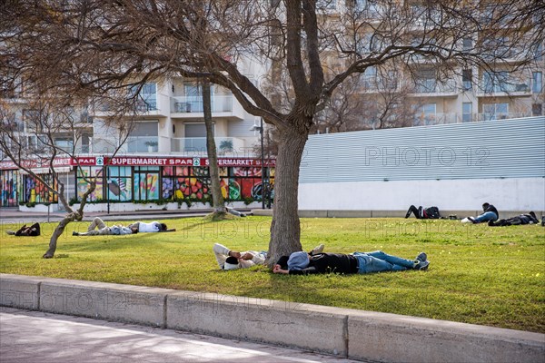 Lunch break on the lawn, Cala Minor, Majorca, Spain, Europe