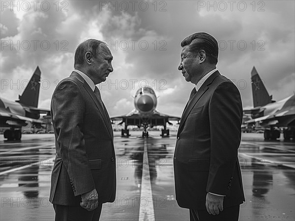 Russian President Vladimir Putin stands with General Secretary of China Xi Jinping, ai generated,