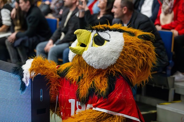 18.02.2024, Friedrich-Ebert-Halle Ludwigshafen: The owl, the mascot of the second-division handball