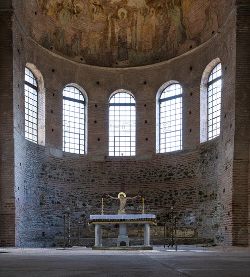Interior view of Rotonda, Rotunda of Galerius, Roman round temple, altar, chancel, ceiling mosaic,