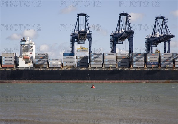 Cranes and container ships at Trimley Docks part of the Port of Felixstowe, Britain's busiest