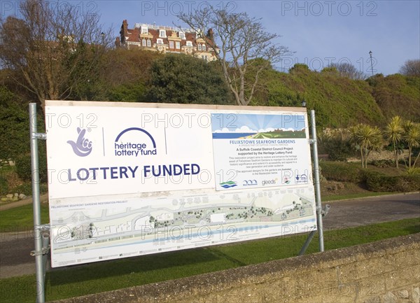 Sign for national lottery funded garden heritage restoration project at Felixstowe seafront,