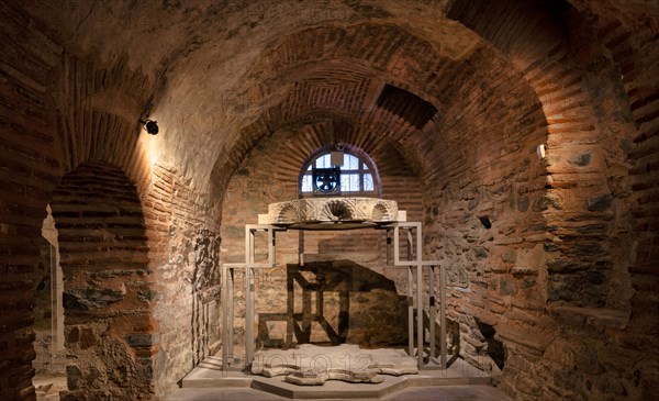 Interior view of the ambo, crypt, remains of the Roman baths, Hagios Demetrios Church, also known