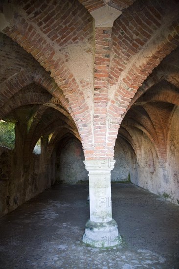 Vaulted roof and pillars in the cellar of the historic Guildhall, Blakeney, Norfolk, England,