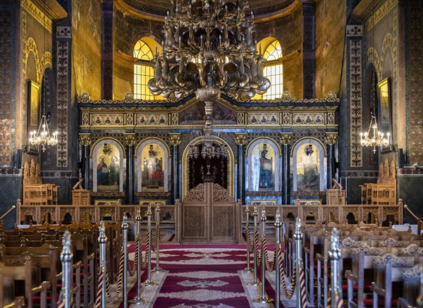 Interior view of Hagia Sofia church, also known as Agia Sofia, altar, chandelier, Thessaloniki,