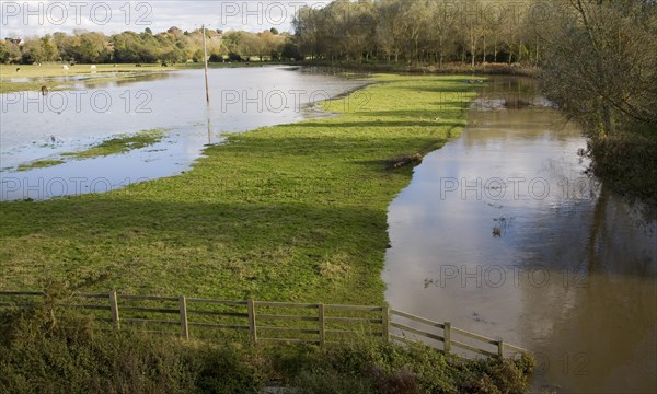 River Deben flooding showing standing water and bankfull conditions, Wickham Market, Suffolk,