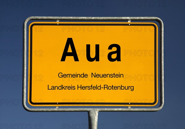 Place name sign Aua, part of the municipality of Neuenstein, district of Hersfeld-Rotenburg, Hesse,