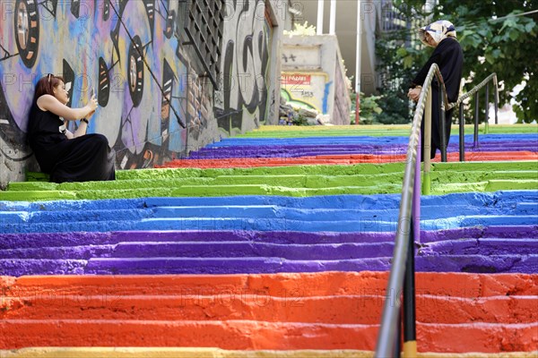 Tourists, painted staircase in rainbow colours, Istanbul, European part, Istanbul province, Turkey,