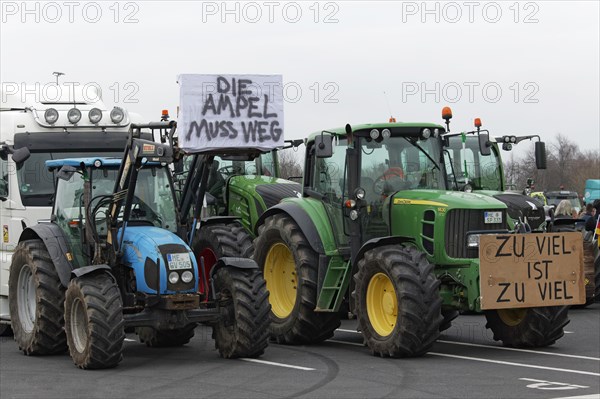 Tractor with sign, The traffic lights must go, Farmer protests, Demonstration against policies of