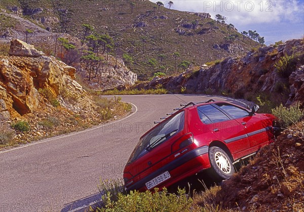 Traffic accident on road in Sierra Nevada, Granada district, Andalusia, Spain, Southern Europe,