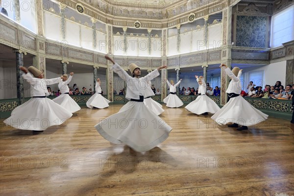 Dancing dervishes, dervish dance Sema, Mevlevihanesi Muezesi at Istiklal Caddesi, Istanbul,