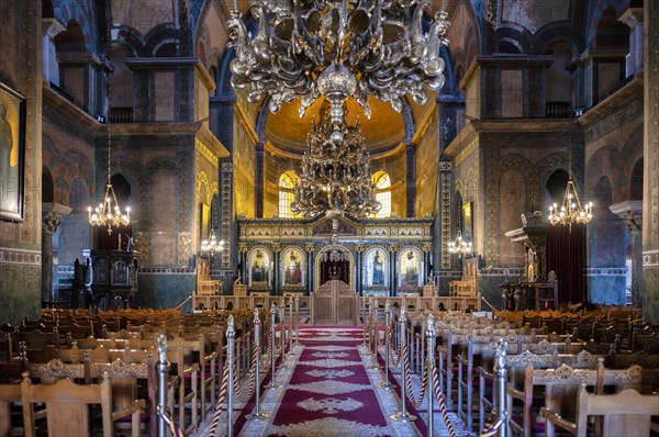 Interior view of Hagia Sofia church, also known as Agia Sofia, altar, chandelier, Thessaloniki,