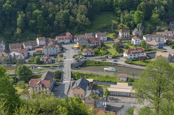 View from the ruins of Luetzelbourg to the village of Lutzelbourg with the Rhine-Marne Canal,