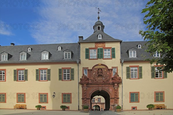 Inner courtyard with entrance and portal with decorations, gate, baroque, spire, castle, Bad