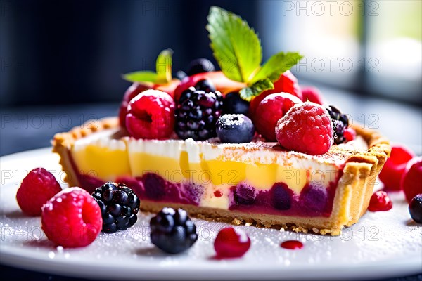 Colorful fruit tart featuring gluten free almond flour crust vegan pastry cream fresh berry toppin,