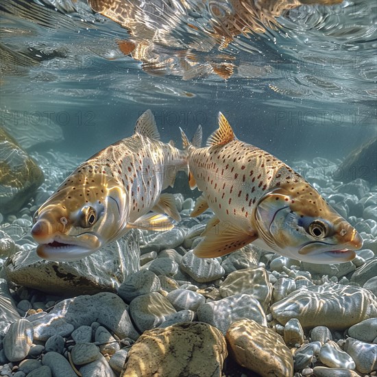 Salmon (Salmo salar) on the migration and swim up a stream in shallow, clear water, ai generiert,