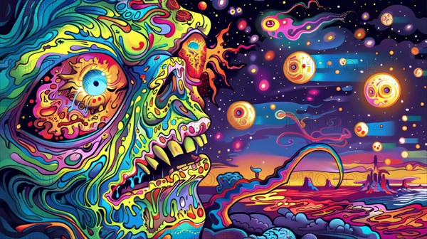 Trippy psychedelic portrait with vibrant colors and surreal space elements, ai generated, AI