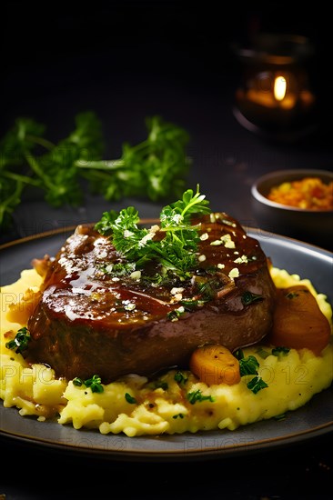 Veal shanks slow cooked osso buco style garnished with gremolata alongside creamy saffron risotto,