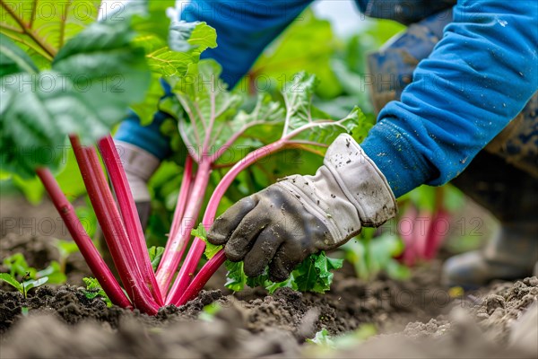 Worker harvesting ripe rhubarb vegetables in agricultural field. KI generiert, generiert AI