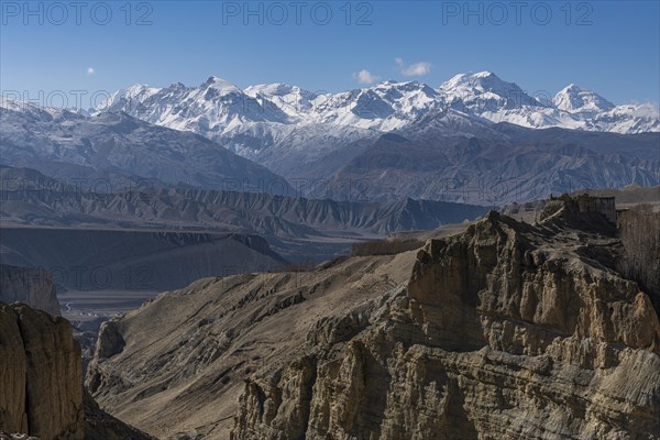 Old palace, dzong in the village of Tsarang before the Annapurna mountain range, Kingdom of