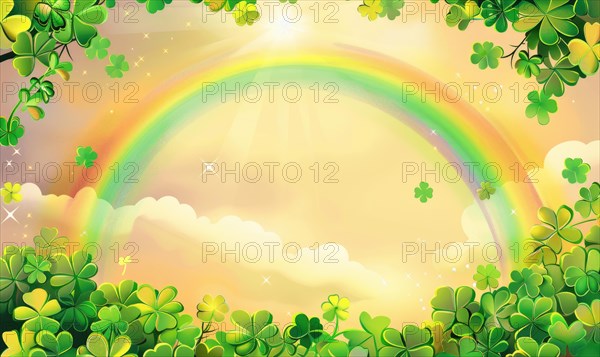 Cheerful illustrated scene with clovers, a vibrant rainbow, sparkling effects, and fluffy clouds AI