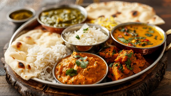 A thali with creamy curries, naan, and rice garnished with cilantro on a rustic table, ai