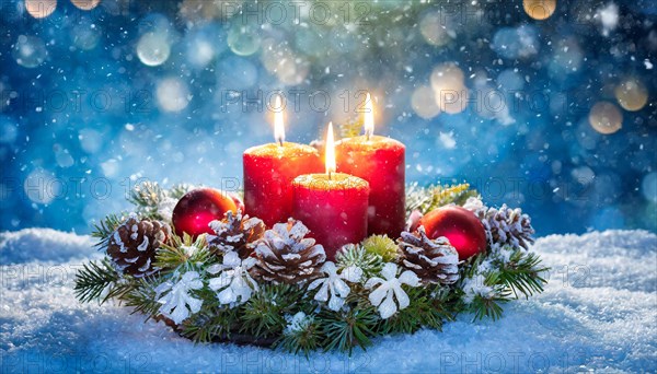 Ai generated, Advent wreath with burning candles, Christmas time, Christmas decoration, 3rd Advent,