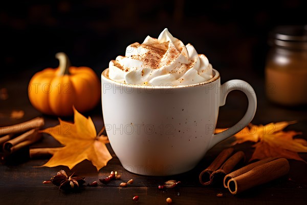Seasonal mug cradles pumpkin spice latte capped with whipped cream cinnamon dusting grace the top,
