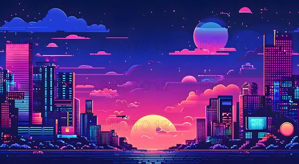 Website header blending retro pixel style elements and modern graphics pixelated icons, AI