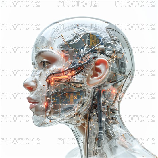Medical a human head with brain and computer chip, symbol image KI in the human brain, ai