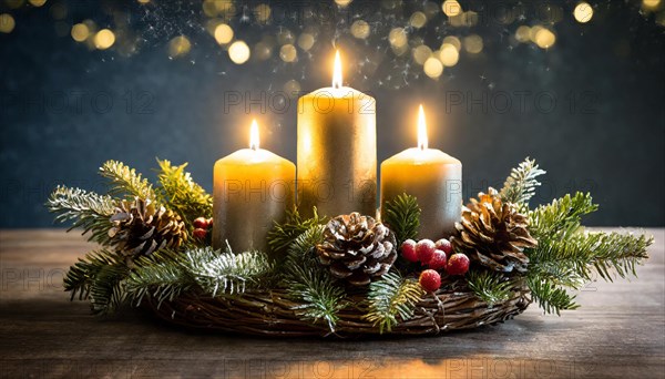 Ai generated, Advent wreath with burning candles, Christmas time, Christmas decoration, 3rd Advent,