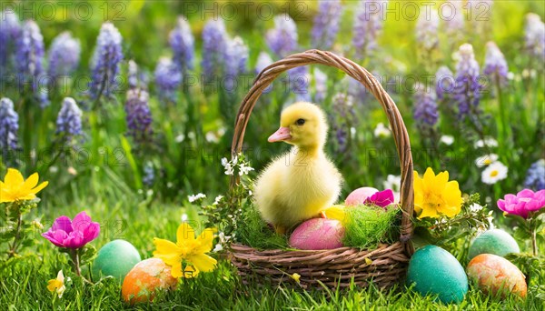 Ai generated, An Easter basket with coloured eggs in a meadow with colourful flowers, in the basket