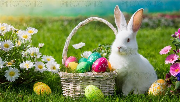 Ai generated, An Easter basket with coloured eggs in a meadow with colourful flowers, in the basket