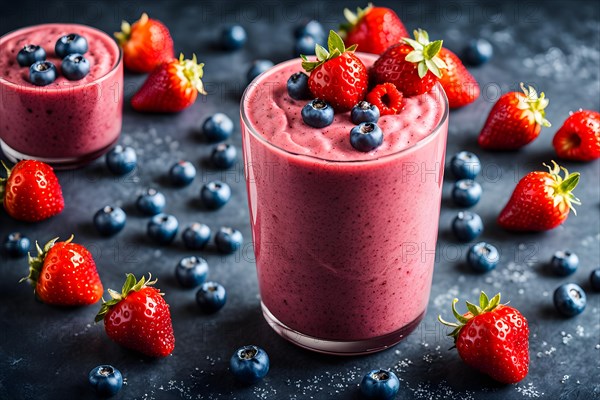 Rich berry smoothie boasting layers of blueberries strawberries raspberries crowned with chiasee,
