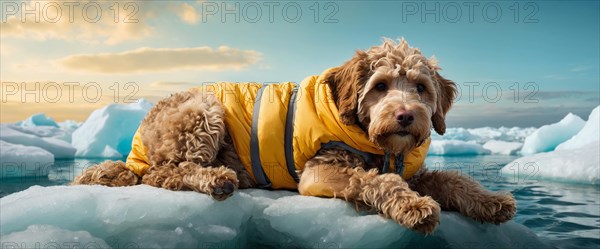 Labradoodle Dog in a yellow puffer vest jacket lying peacefully on an ice floe, alone isolated in