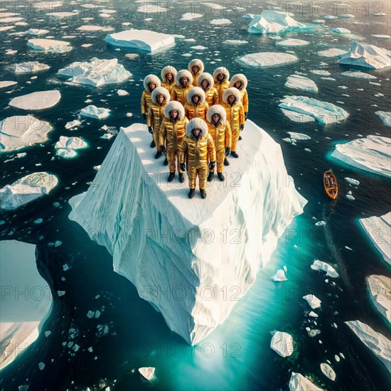 Aerial view of group people wearing yellow winter garment standing on a large block of ice in the