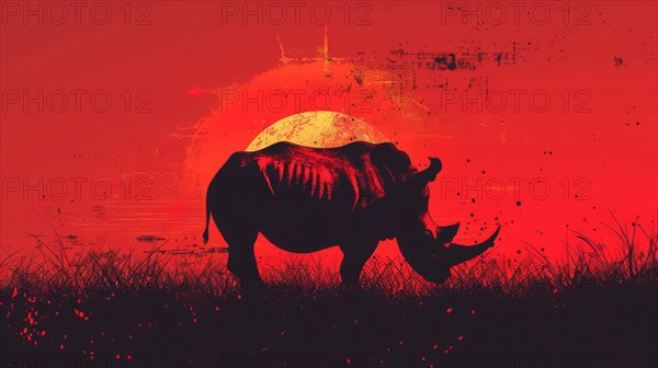 Silhouette of a rhinoceros with a red backdrop and paint splatter effects, ai generated, AI