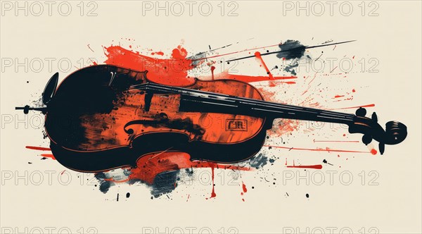 Violin with splatter paint effect in red and black tones on a white background, ai generated, AI