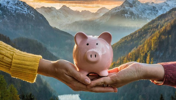 Hands holding a piggy bank in front of a picturesque mountain backdrop at sunset, AI generated, AI